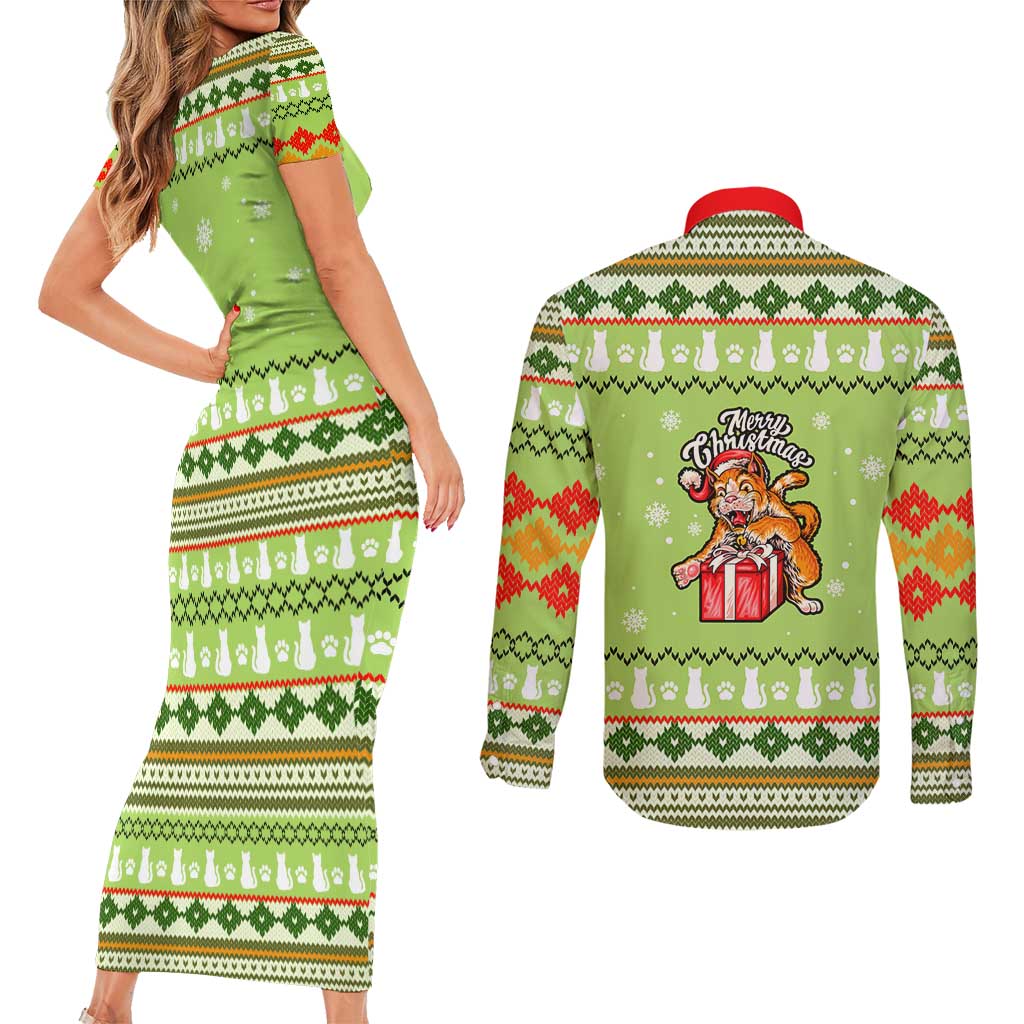 Funny Cat Merry Christmas Couples Matching Short Sleeve Bodycon Dress and Long Sleeve Button Shirt Xmas Holiday Patterns - Wonder Print Shop