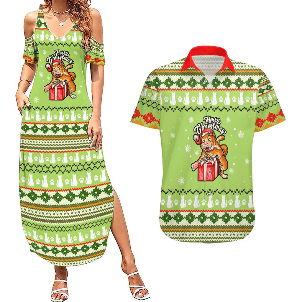 Funny Cat Merry Christmas Couples Matching Summer Maxi Dress and Hawaiian Shirt Xmas Holiday Patterns - Wonder Print Shop