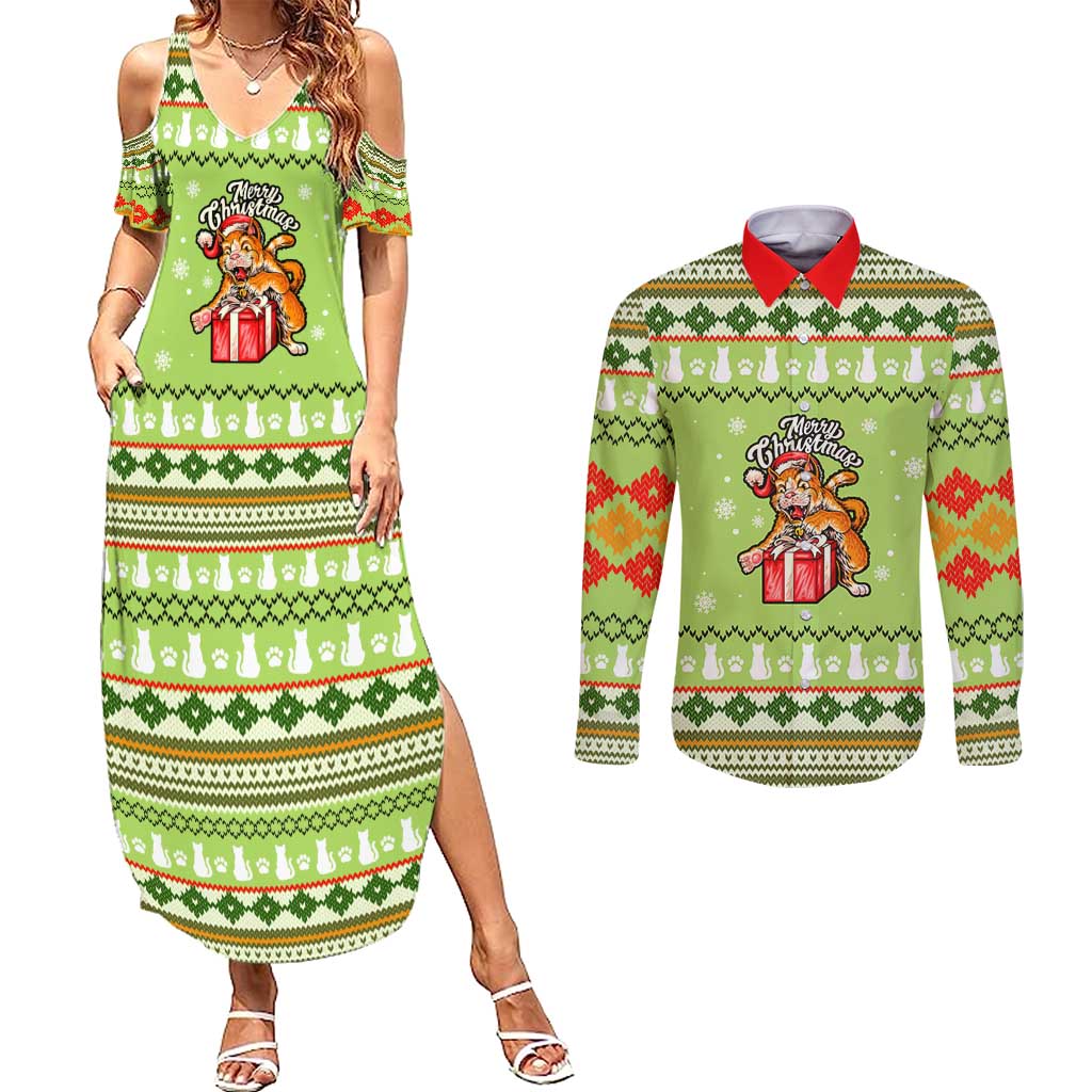 Funny Cat Merry Christmas Couples Matching Summer Maxi Dress and Long Sleeve Button Shirt Xmas Holiday Patterns - Wonder Print Shop