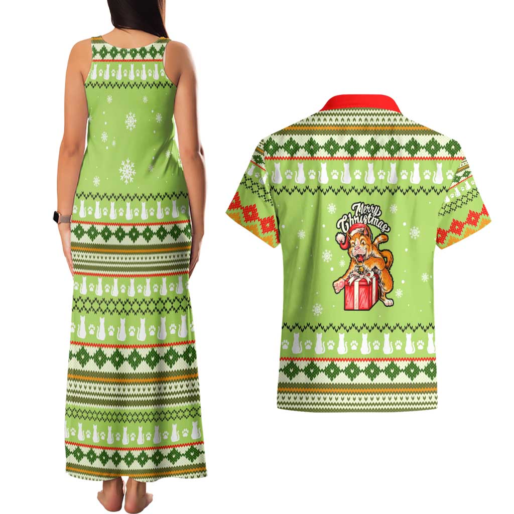Funny Cat Merry Christmas Couples Matching Tank Maxi Dress and Hawaiian Shirt Xmas Holiday Patterns - Wonder Print Shop