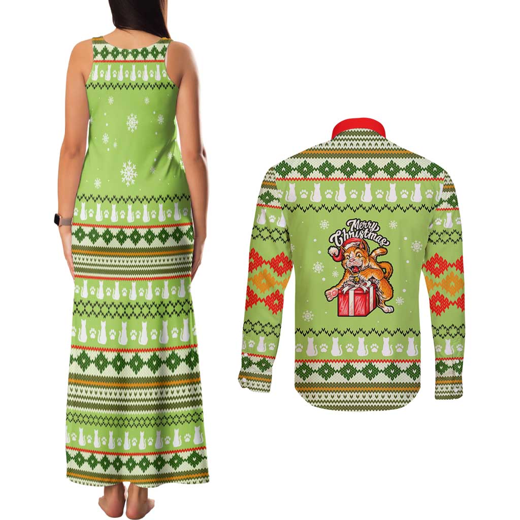 Funny Cat Merry Christmas Couples Matching Tank Maxi Dress and Long Sleeve Button Shirt Xmas Holiday Patterns - Wonder Print Shop