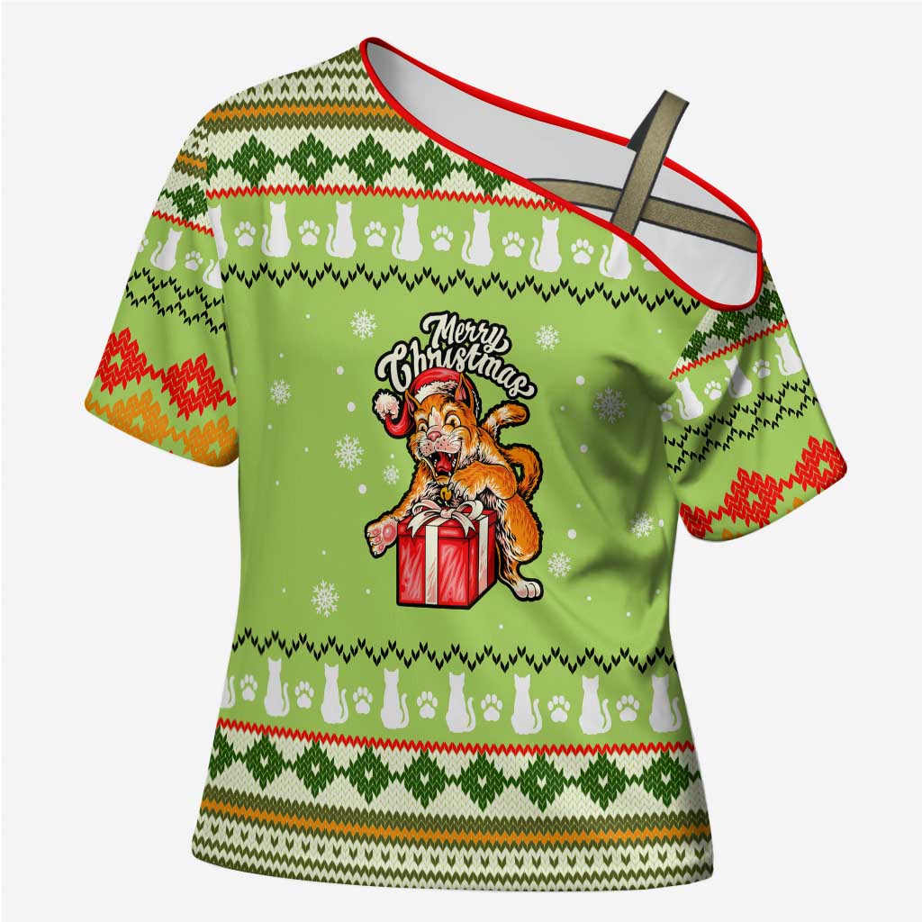 Funny Cat Merry Christmas Cross Shoulder Shirt Xmas Holiday Patterns - Wonder Print Shop