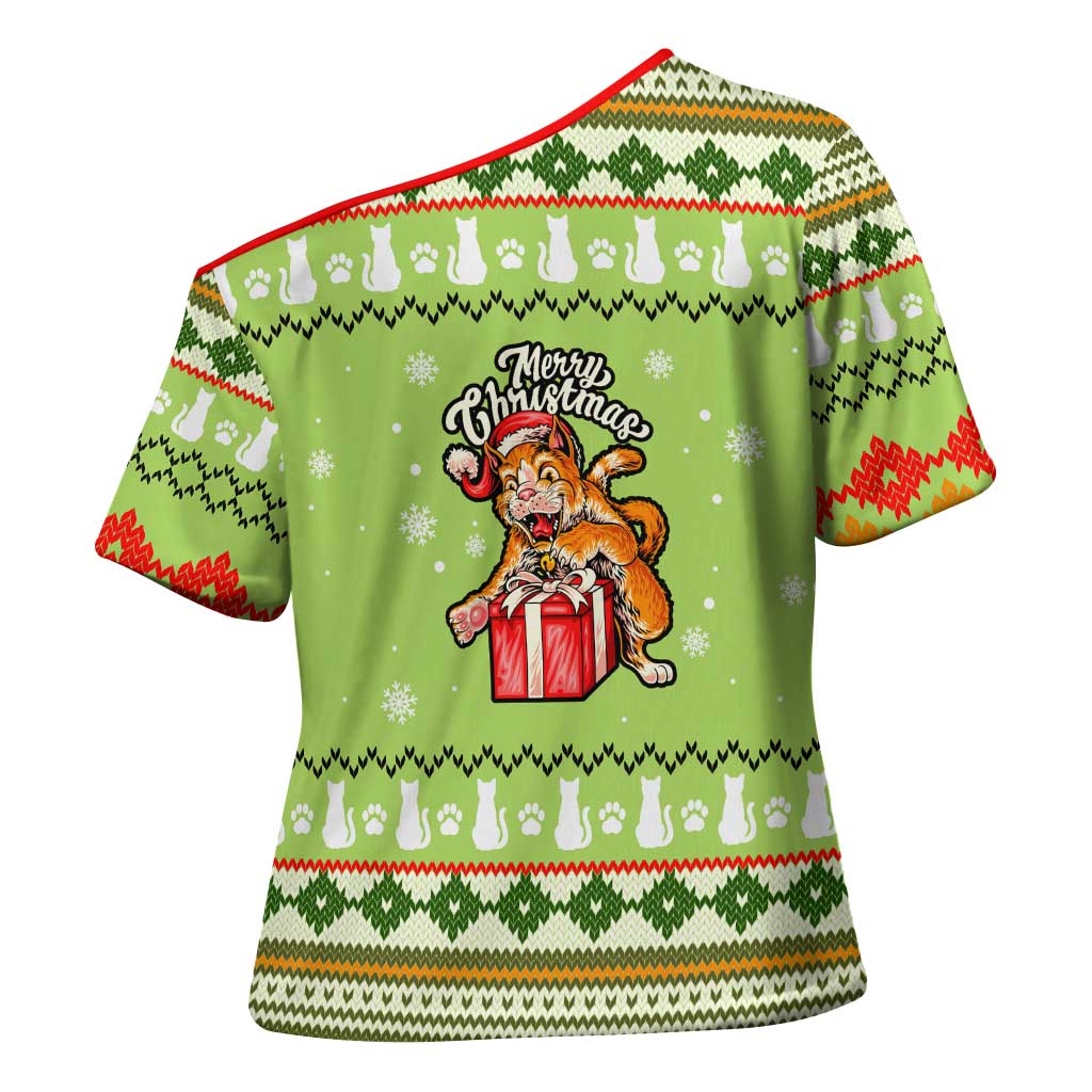 Funny Cat Merry Christmas Cross Shoulder Shirt Xmas Holiday Patterns - Wonder Print Shop