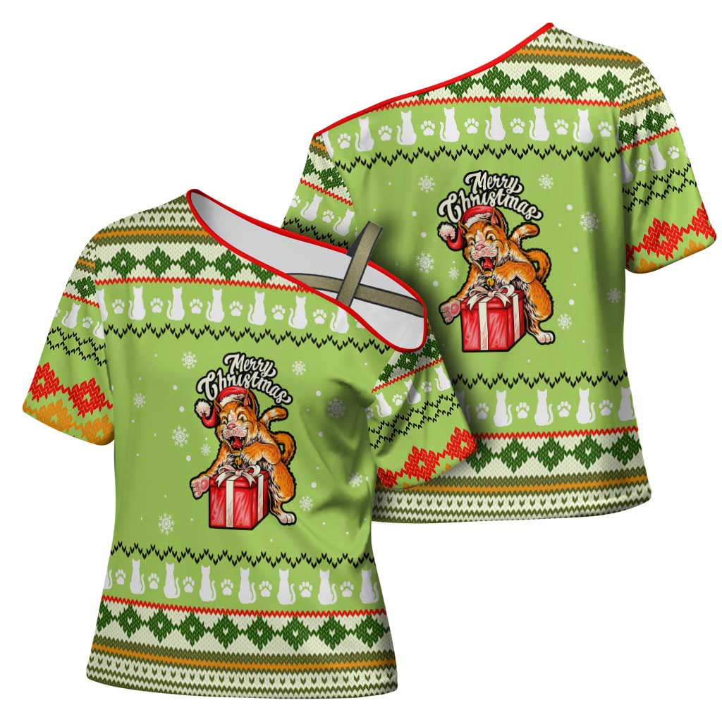 Funny Cat Merry Christmas Cross Shoulder Shirt Xmas Holiday Patterns - Wonder Print Shop