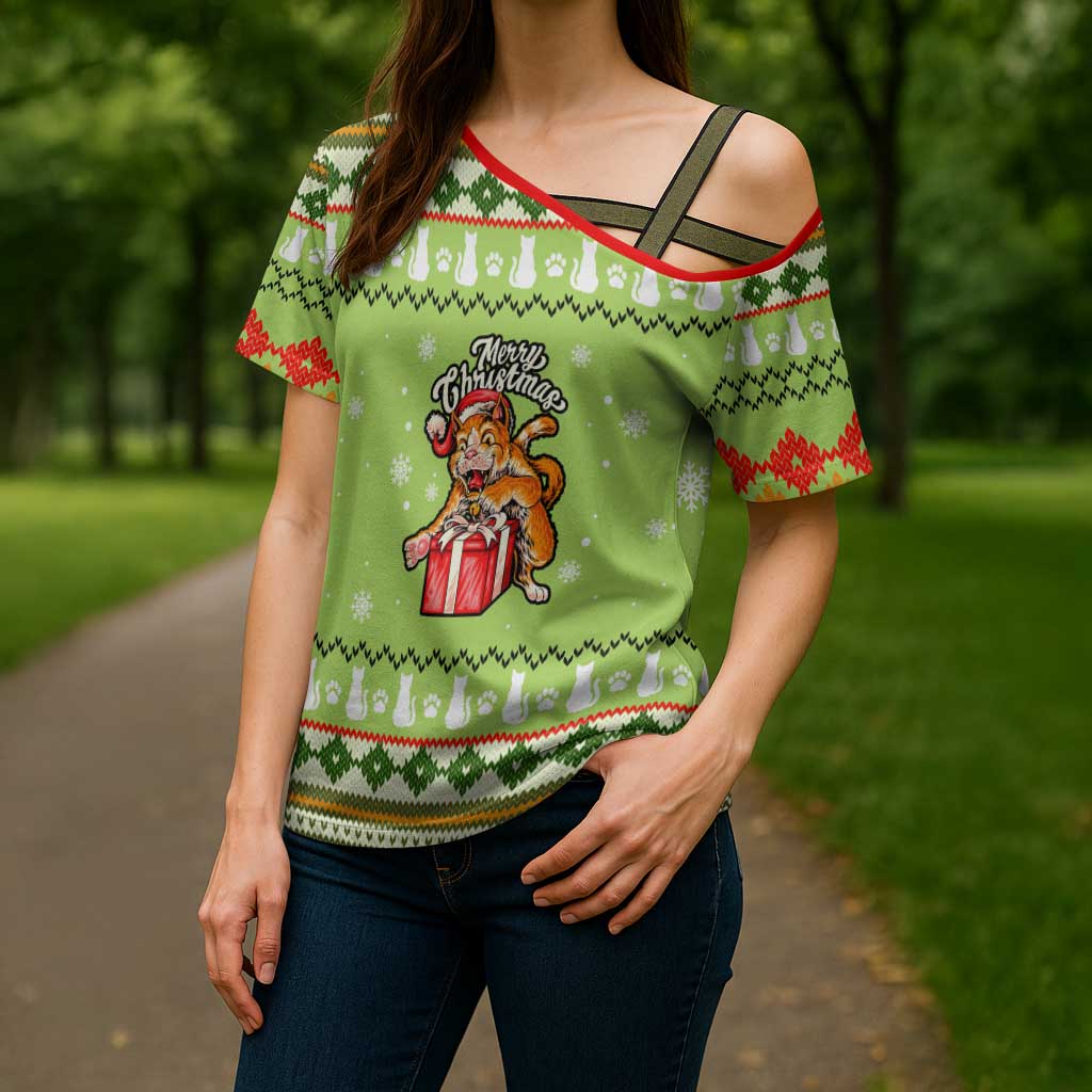 Funny Cat Merry Christmas Cross Shoulder Shirt Xmas Holiday Patterns - Wonder Print Shop