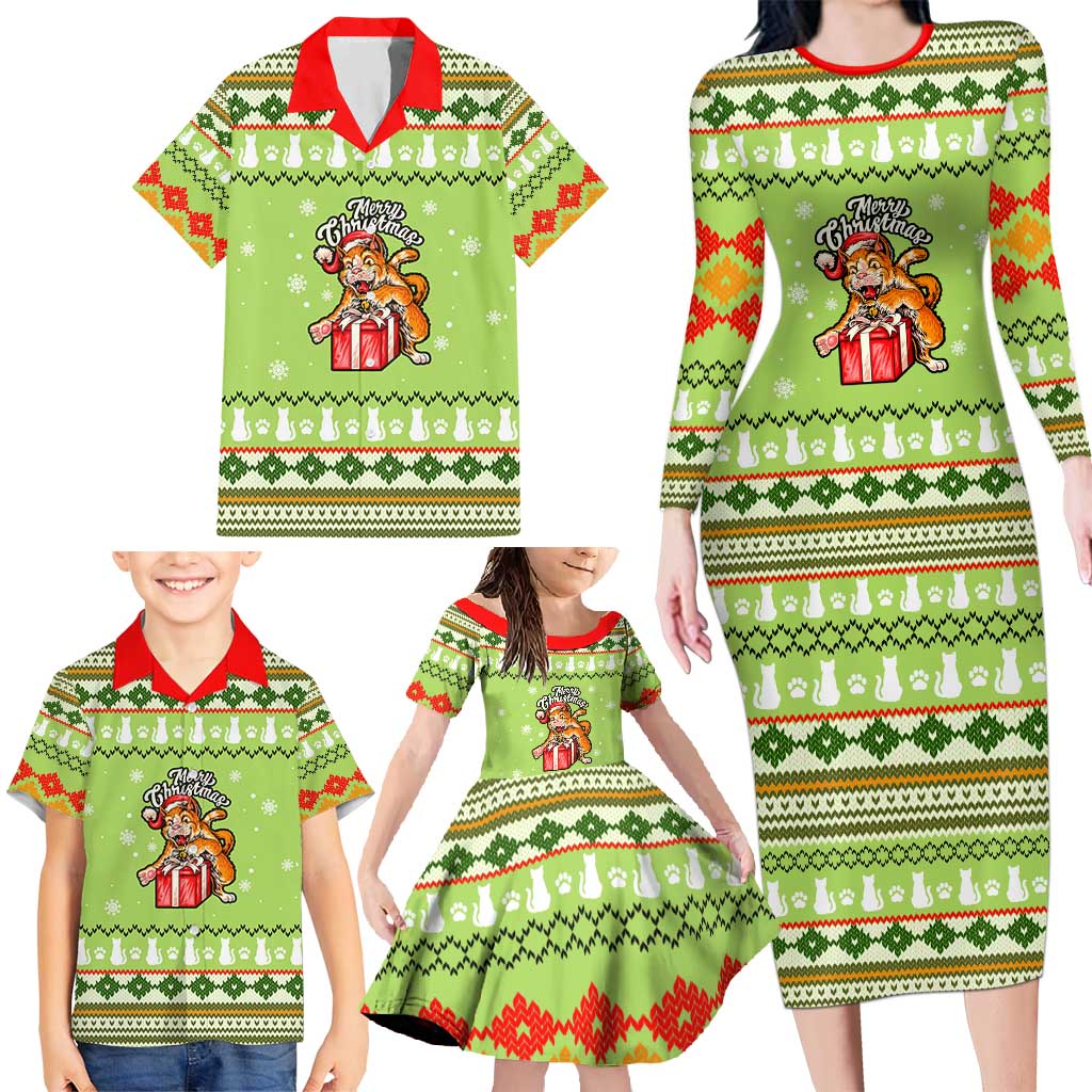 Funny Cat Merry Christmas Family Matching Long Sleeve Bodycon Dress and Hawaiian Shirt Xmas Holiday Patterns - Wonder Print Shop