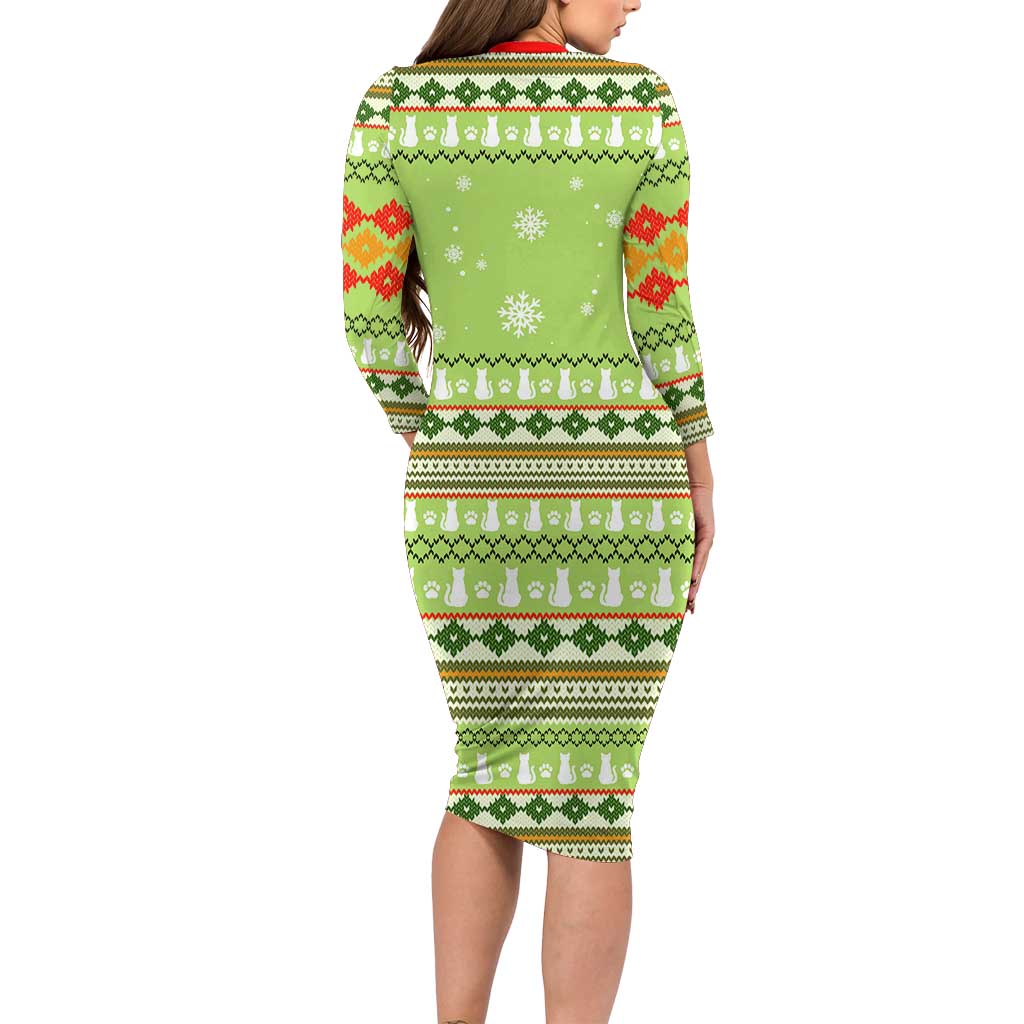 Funny Cat Merry Christmas Family Matching Long Sleeve Bodycon Dress and Hawaiian Shirt Xmas Holiday Patterns - Wonder Print Shop