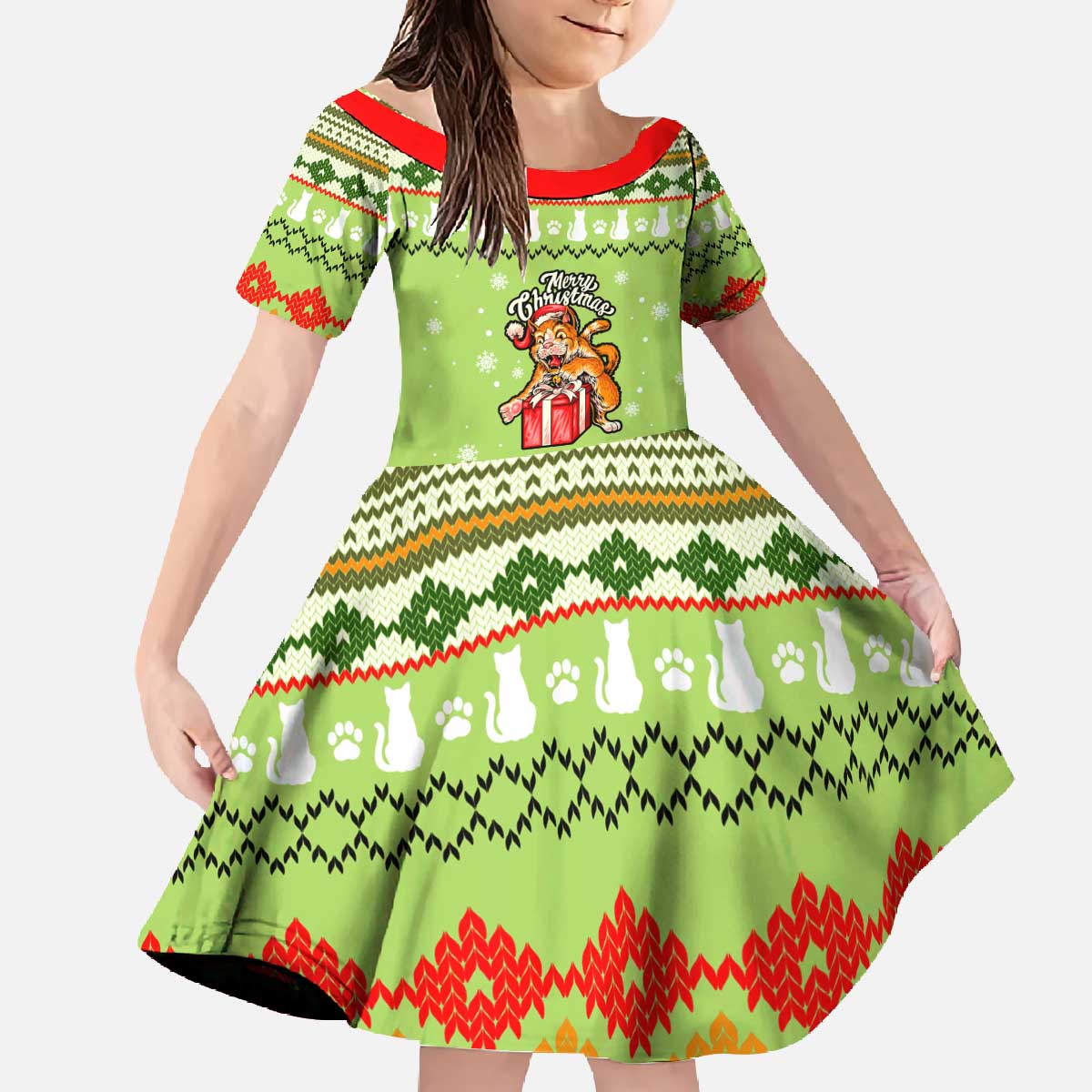 Funny Cat Merry Christmas Family Matching Off The Shoulder Long Sleeve Dress and Hawaiian Shirt Xmas Holiday Patterns - Wonder Print Shop