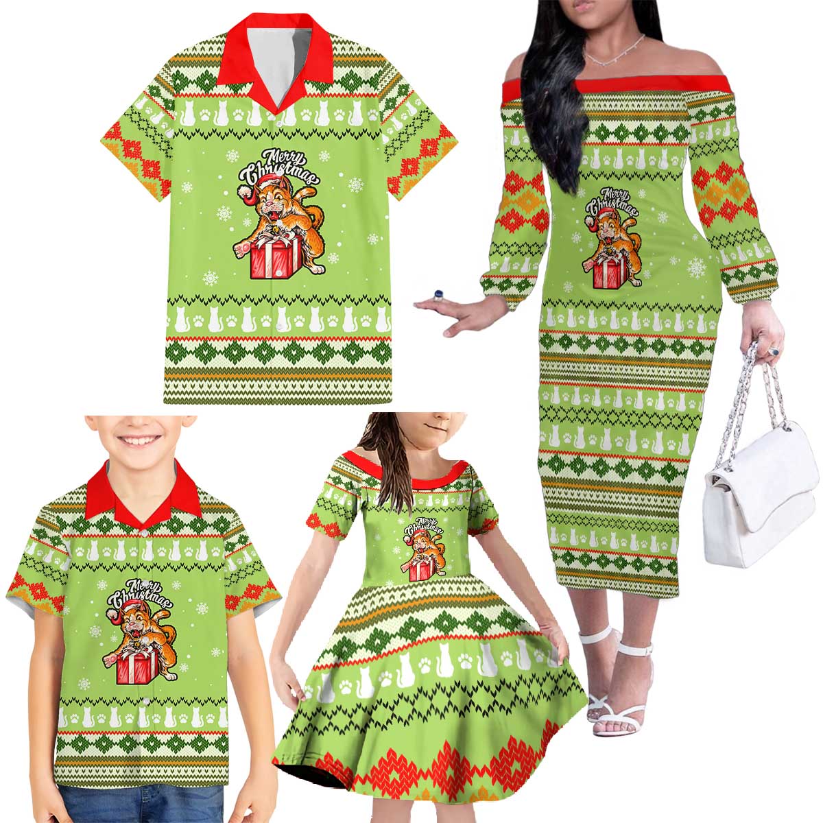 Funny Cat Merry Christmas Family Matching Off The Shoulder Long Sleeve Dress and Hawaiian Shirt Xmas Holiday Patterns - Wonder Print Shop