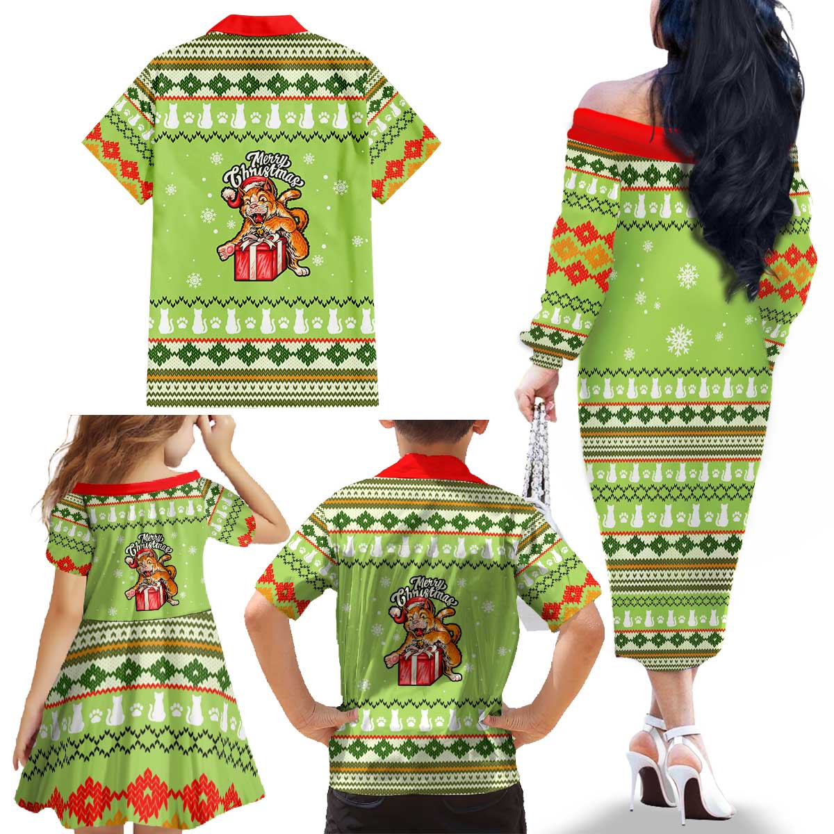 Funny Cat Merry Christmas Family Matching Off The Shoulder Long Sleeve Dress and Hawaiian Shirt Xmas Holiday Patterns - Wonder Print Shop