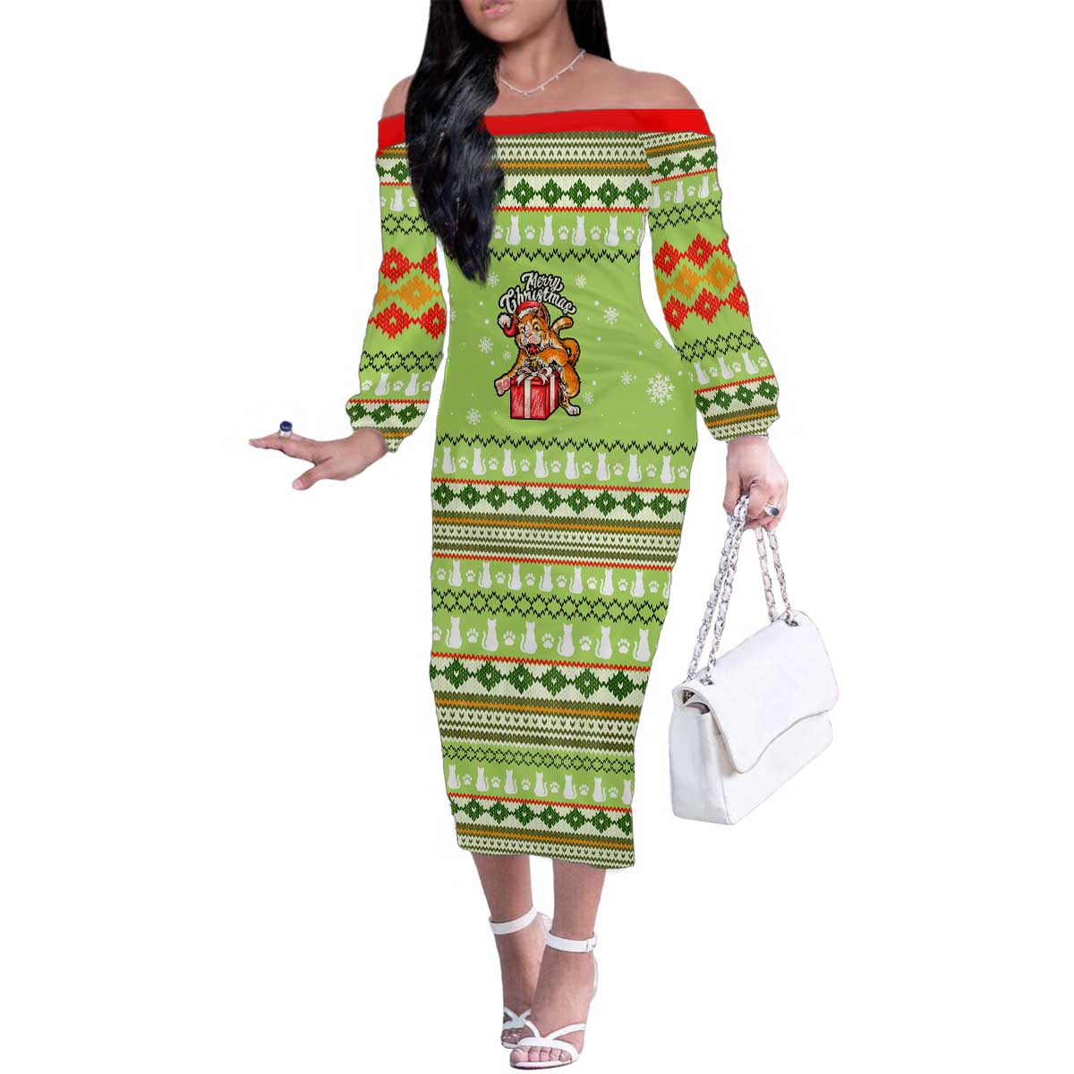 Funny Cat Merry Christmas Family Matching Off The Shoulder Long Sleeve Dress and Hawaiian Shirt Xmas Holiday Patterns - Wonder Print Shop
