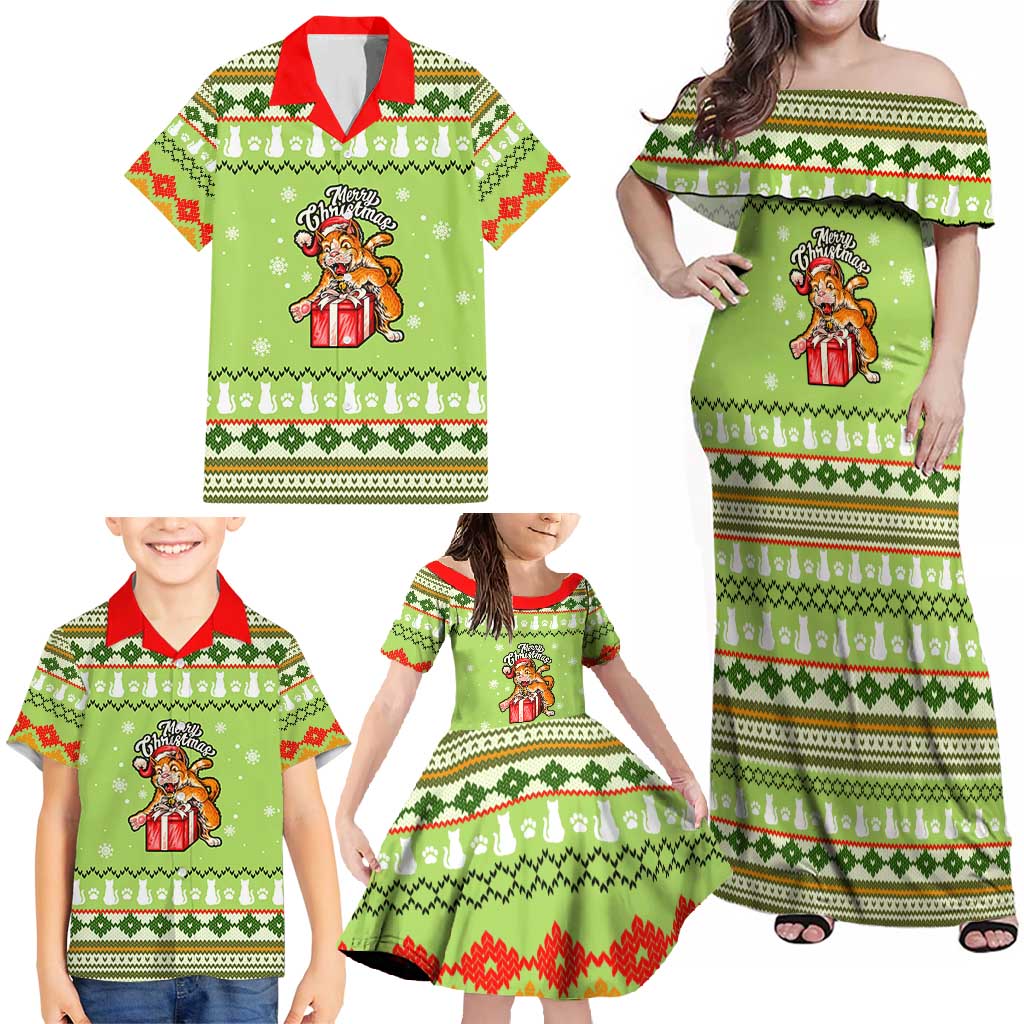Funny Cat Merry Christmas Family Matching Off Shoulder Maxi Dress and Hawaiian Shirt Xmas Holiday Patterns - Wonder Print Shop