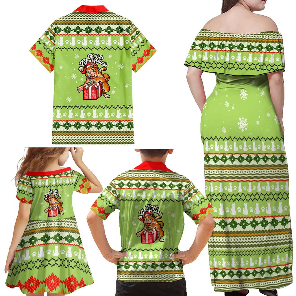 Funny Cat Merry Christmas Family Matching Off Shoulder Maxi Dress and Hawaiian Shirt Xmas Holiday Patterns - Wonder Print Shop