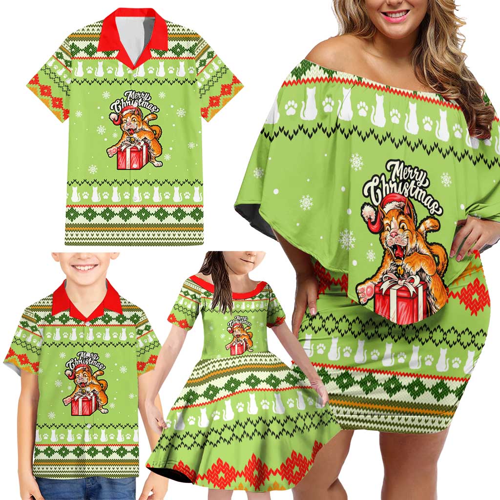 Funny Cat Merry Christmas Family Matching Off Shoulder Short Dress and Hawaiian Shirt Xmas Holiday Patterns - Wonder Print Shop