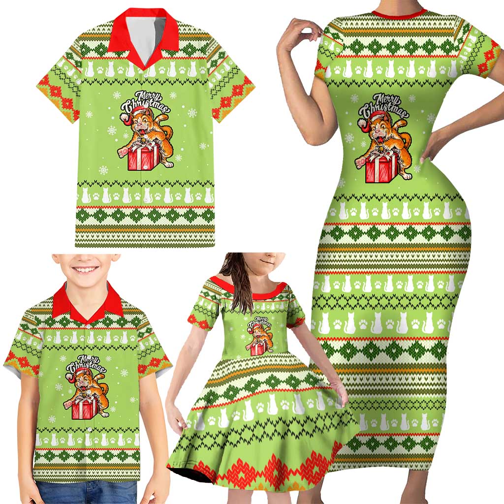 Funny Cat Merry Christmas Family Matching Short Sleeve Bodycon Dress and Hawaiian Shirt Xmas Holiday Patterns - Wonder Print Shop