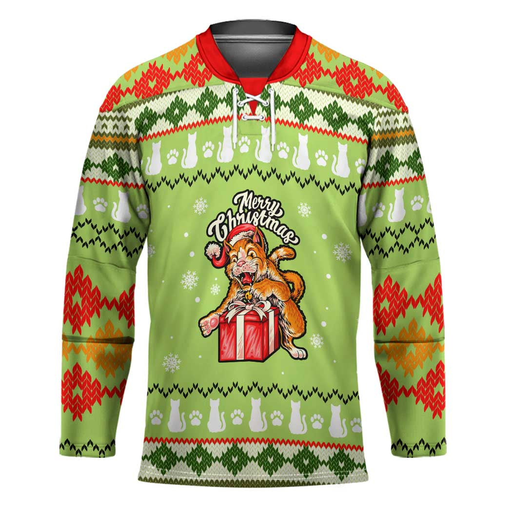 Funny Cat Merry Christmas Hockey Jersey Xmas Holiday Patterns - Wonder Print Shop