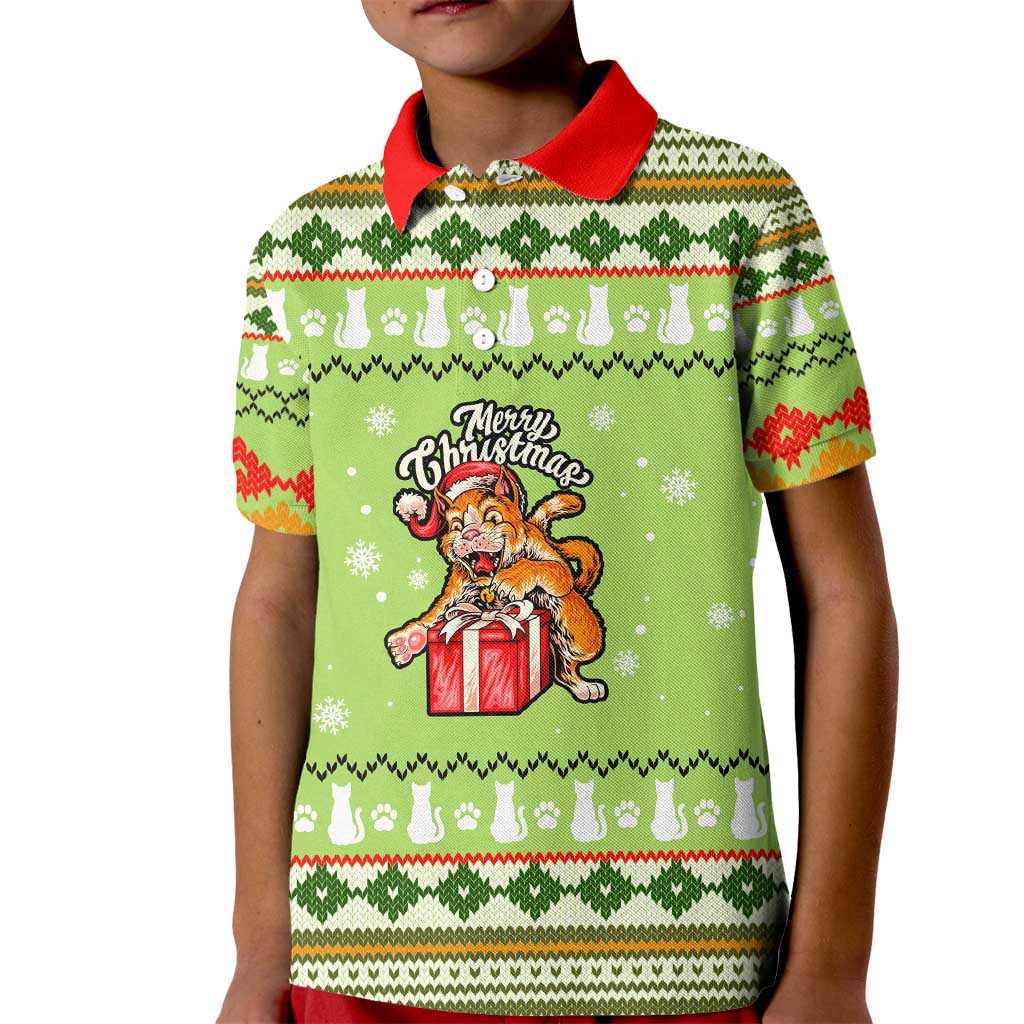 Funny Cat Merry Christmas Kid Polo Shirt Xmas Holiday Patterns - Wonder Print Shop