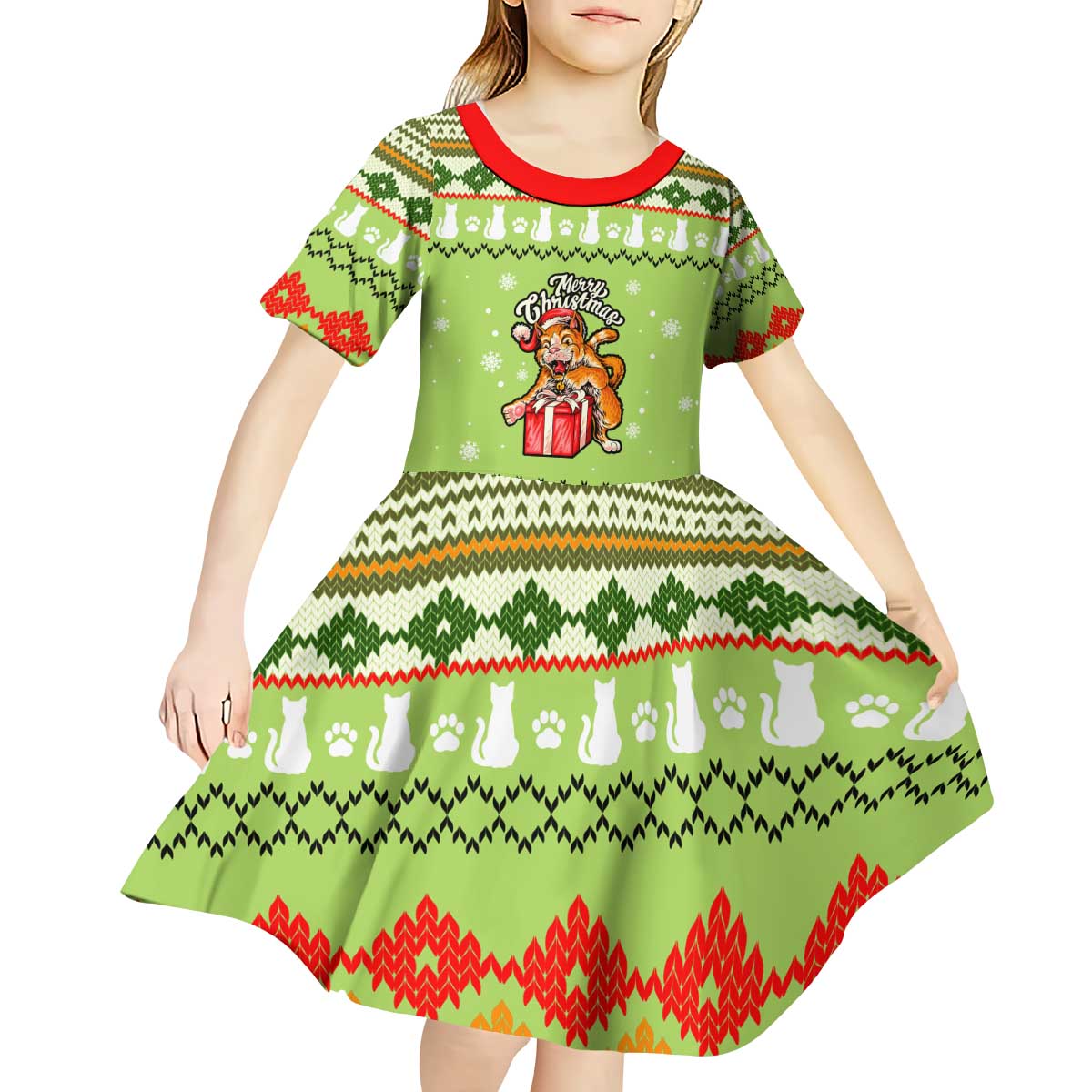 Funny Cat Merry Christmas Kid Short Sleeve Dress Xmas Holiday Patterns - Wonder Print Shop