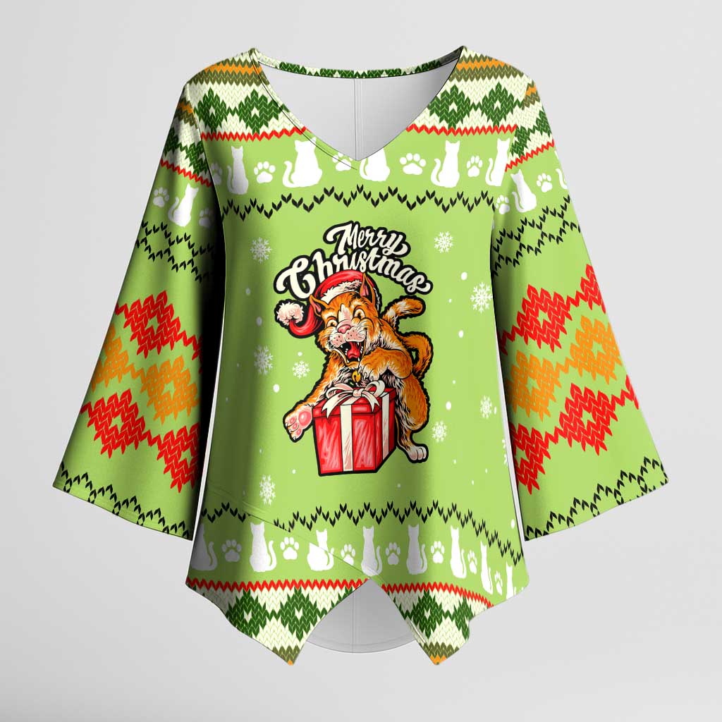 Funny Cat Merry Christmas Kimono Sleeve Blouse Xmas Holiday Patterns - Wonder Print Shop