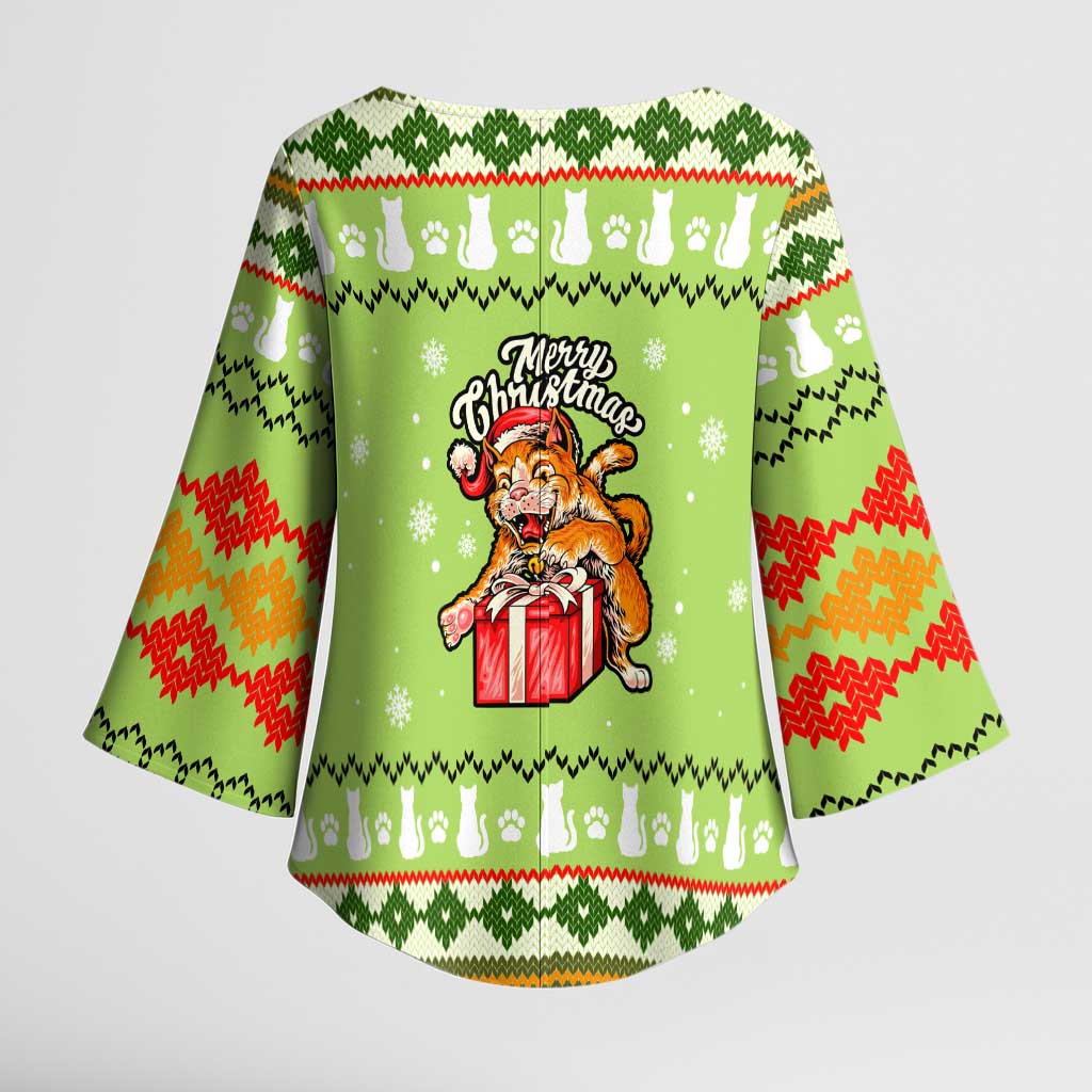 Funny Cat Merry Christmas Kimono Sleeve Blouse Xmas Holiday Patterns - Wonder Print Shop