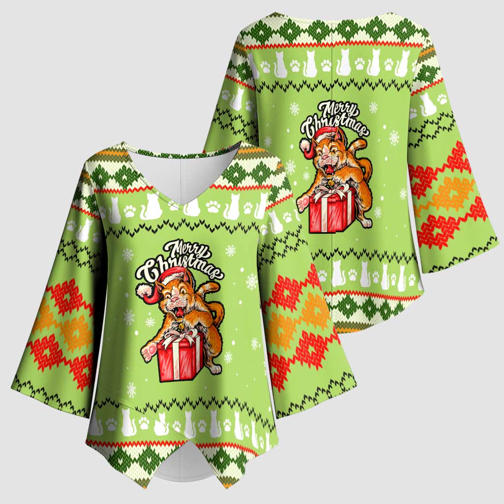 Funny Cat Merry Christmas Kimono Sleeve Blouse Xmas Holiday Patterns - Wonder Print Shop