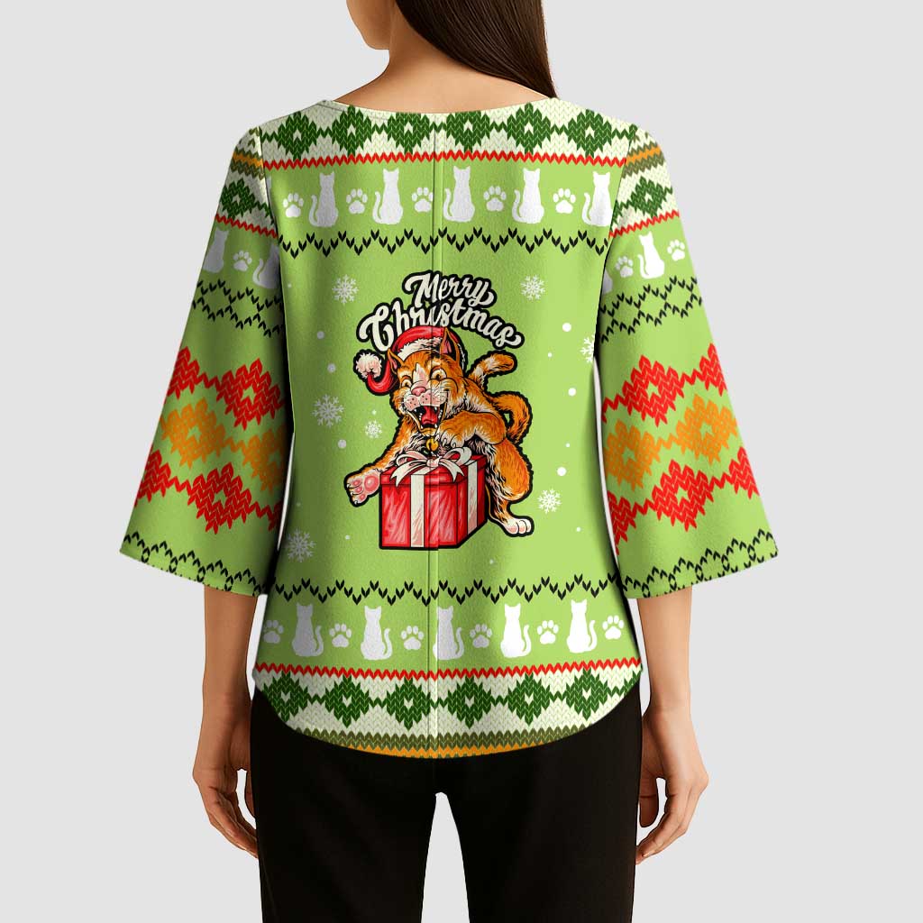 Funny Cat Merry Christmas Kimono Sleeve Blouse Xmas Holiday Patterns - Wonder Print Shop