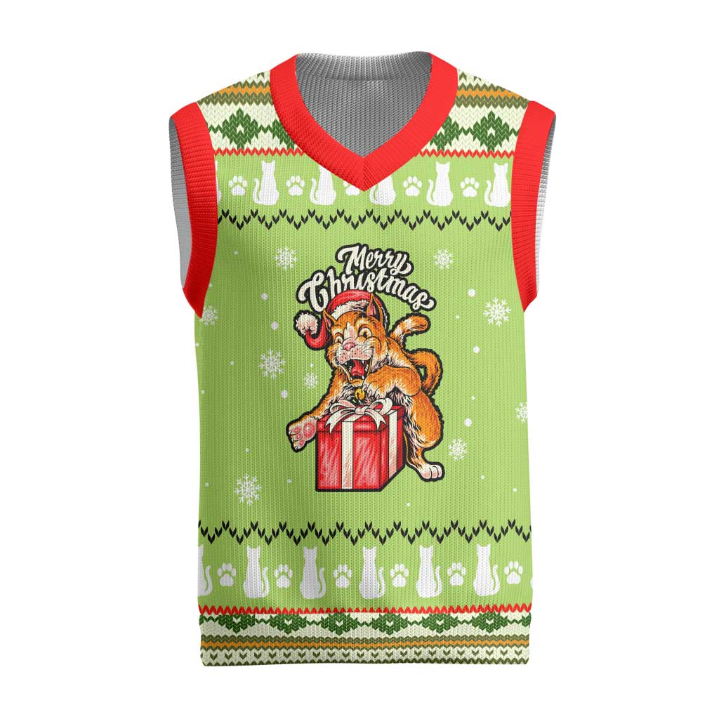 Funny Cat Merry Christmas Knitted V-Neck Vest Xmas Holiday Patterns - Wonder Print Shop
