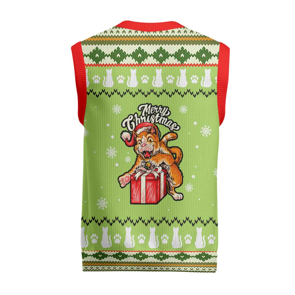 Funny Cat Merry Christmas Knitted V-Neck Vest Xmas Holiday Patterns - Wonder Print Shop