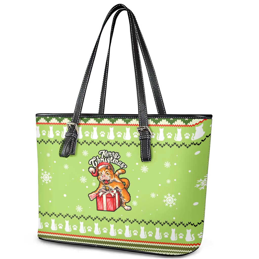 Funny Cat Merry Christmas Leather Tote Bag Xmas Holiday Patterns - Wonder Print Shop