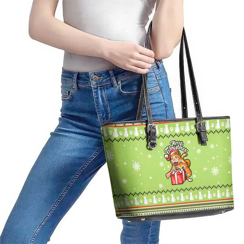 Funny Cat Merry Christmas Leather Tote Bag Xmas Holiday Patterns - Wonder Print Shop