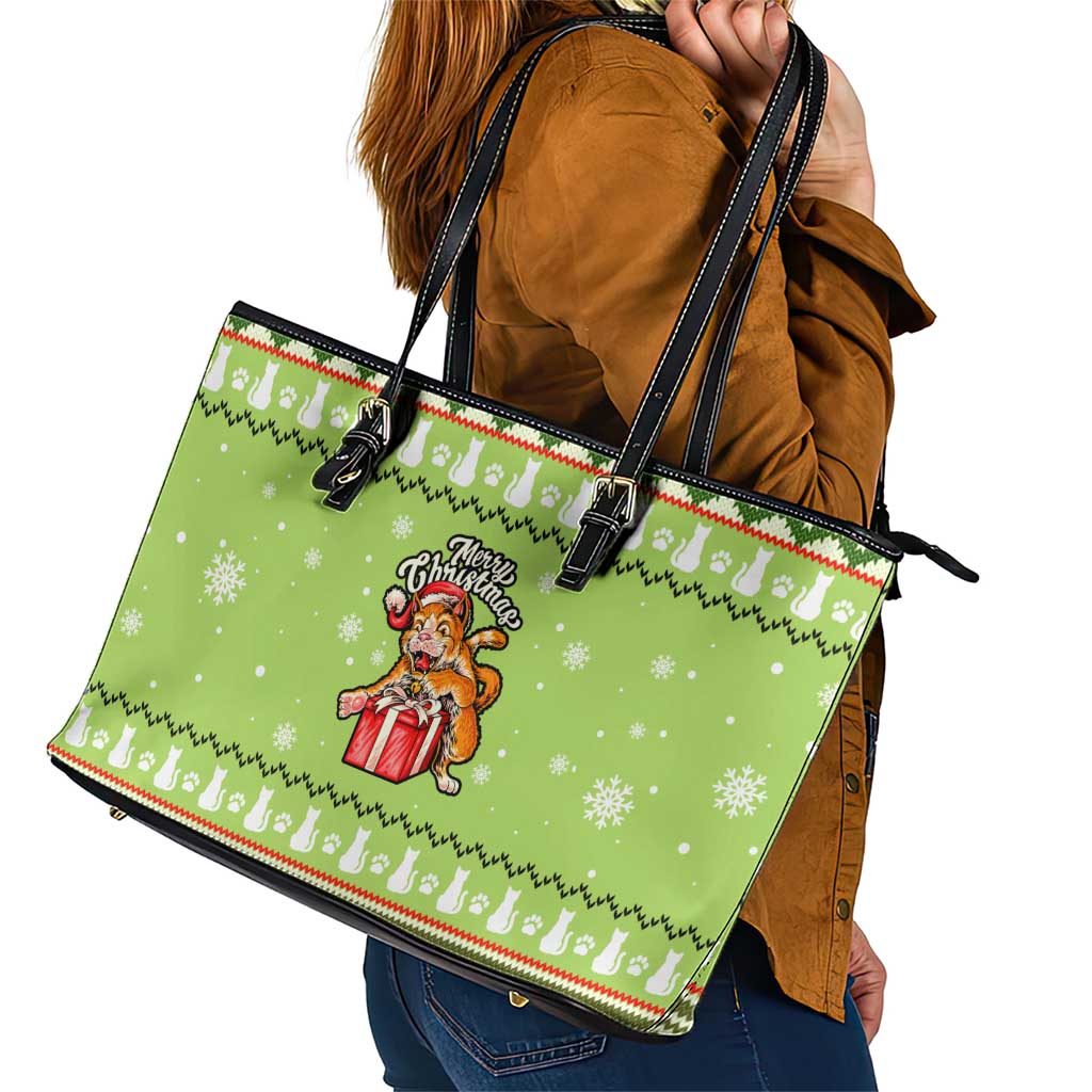 Funny Cat Merry Christmas Leather Tote Bag Xmas Holiday Patterns - Wonder Print Shop