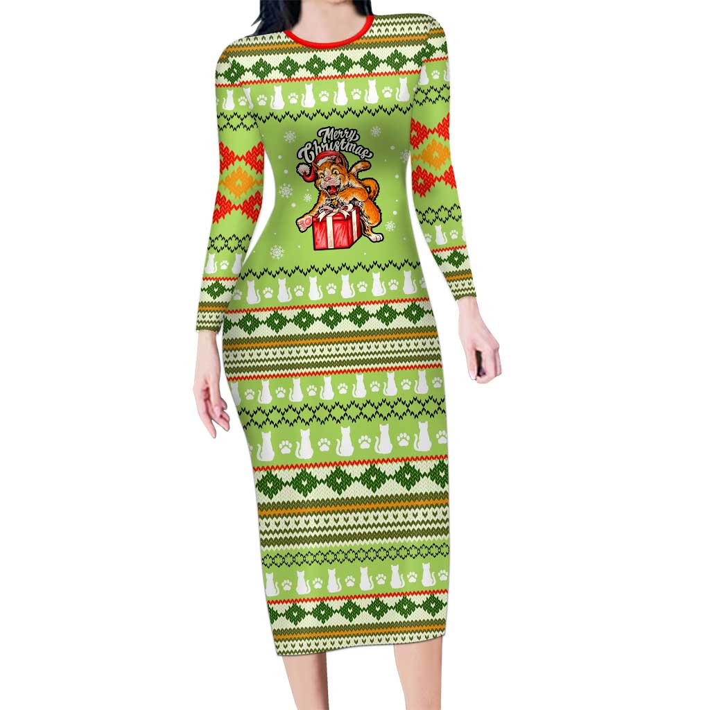 Funny Cat Merry Christmas Long Sleeve Bodycon Dress Xmas Holiday Patterns - Wonder Print Shop