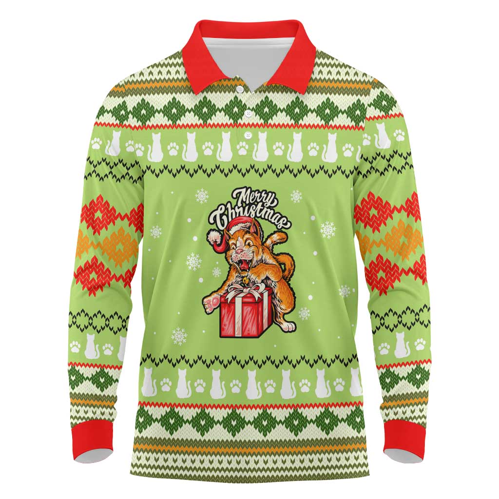 Funny Cat Merry Christmas Long Sleeve Polo Shirt Xmas Holiday Patterns - Wonder Print Shop