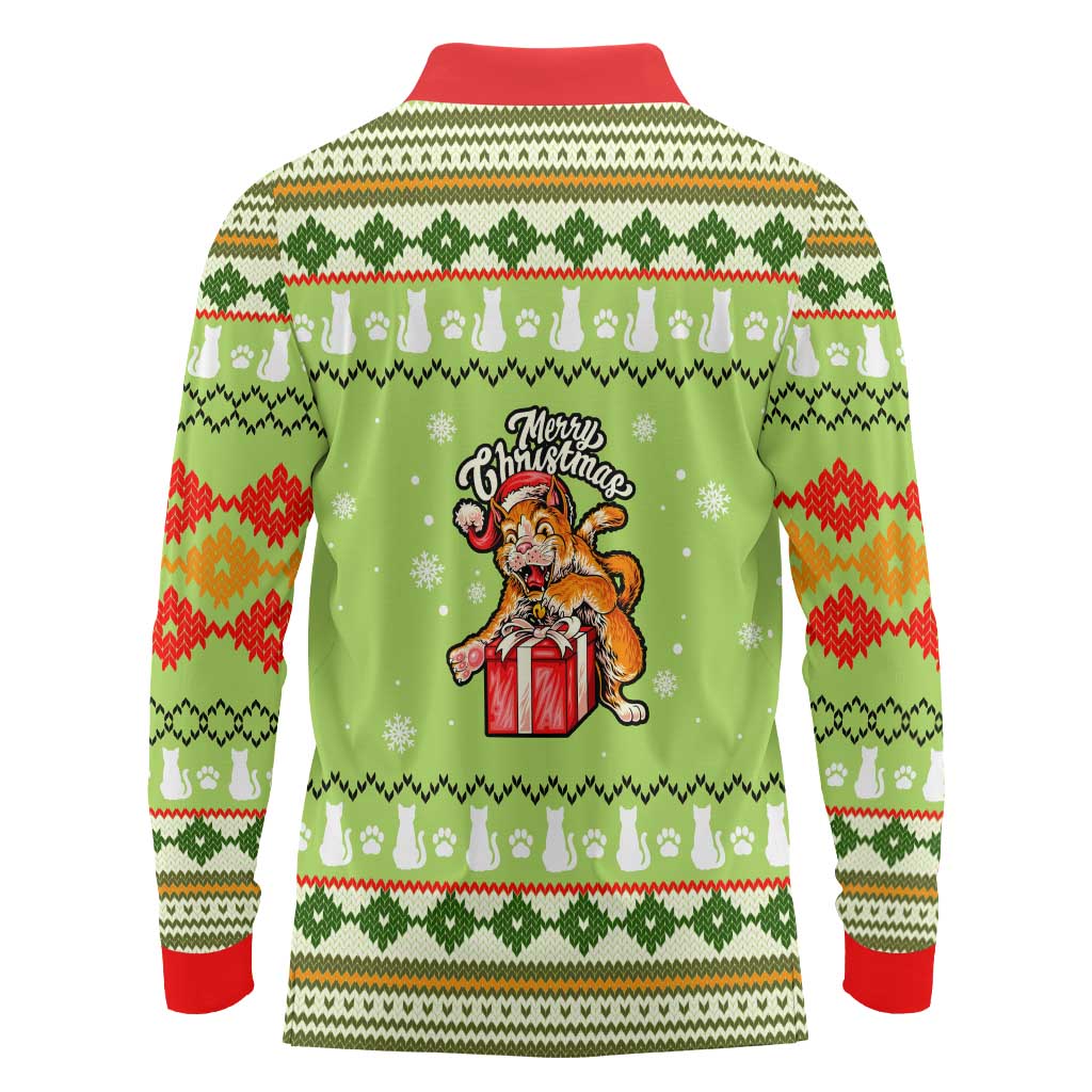 Funny Cat Merry Christmas Long Sleeve Polo Shirt Xmas Holiday Patterns - Wonder Print Shop