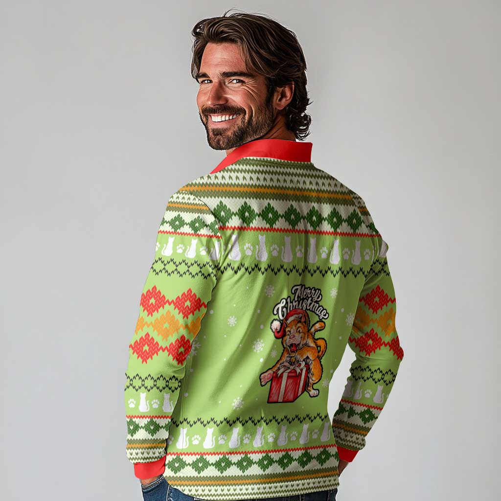 Funny Cat Merry Christmas Long Sleeve Polo Shirt Xmas Holiday Patterns - Wonder Print Shop