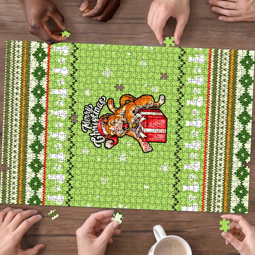Funny Cat Merry Christmas Puzzle Xmas Holiday Patterns - Wonder Print Shop