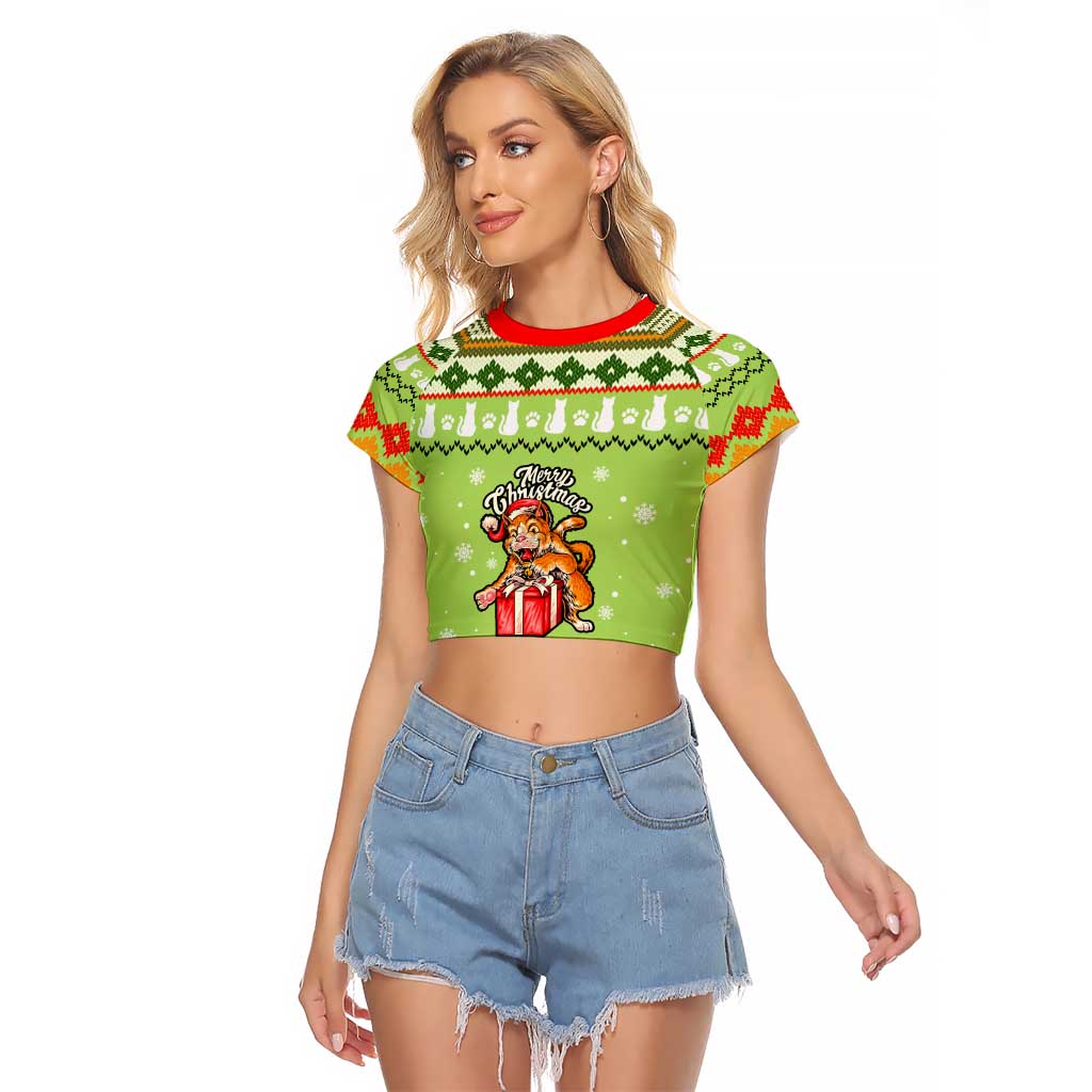 Funny Cat Merry Christmas Raglan Cropped T Shirt Xmas Holiday Patterns - Wonder Print Shop