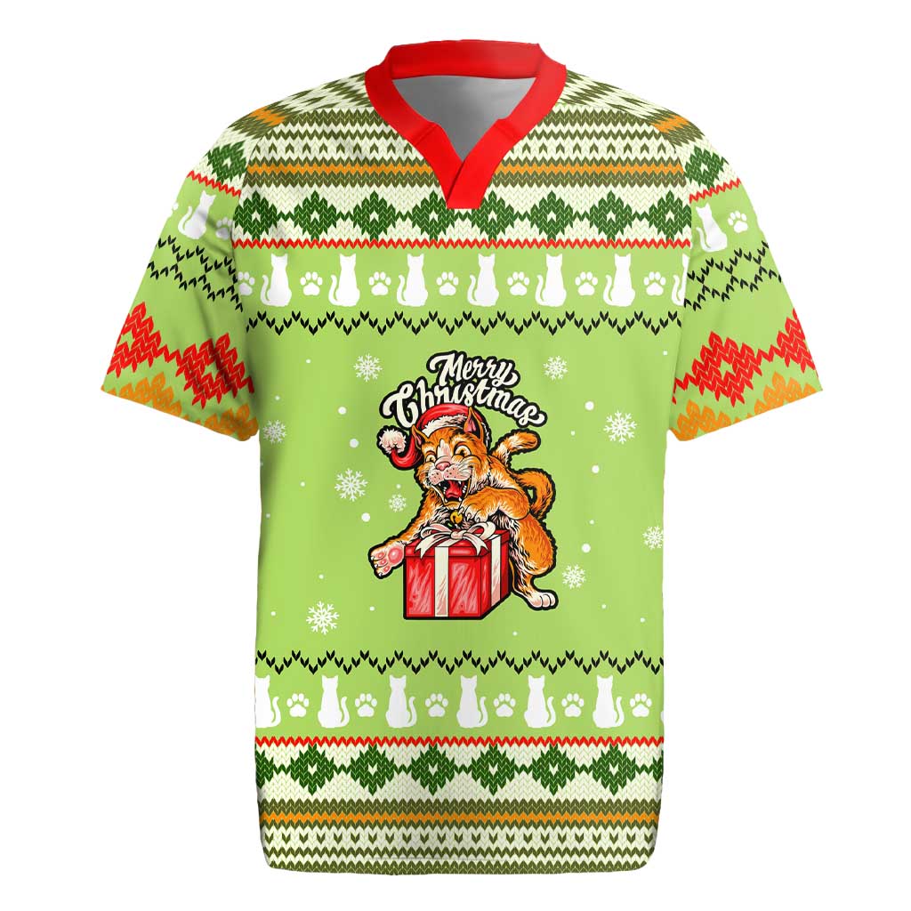 Funny Cat Merry Christmas Rugby Jersey Xmas Holiday Patterns - Wonder Print Shop