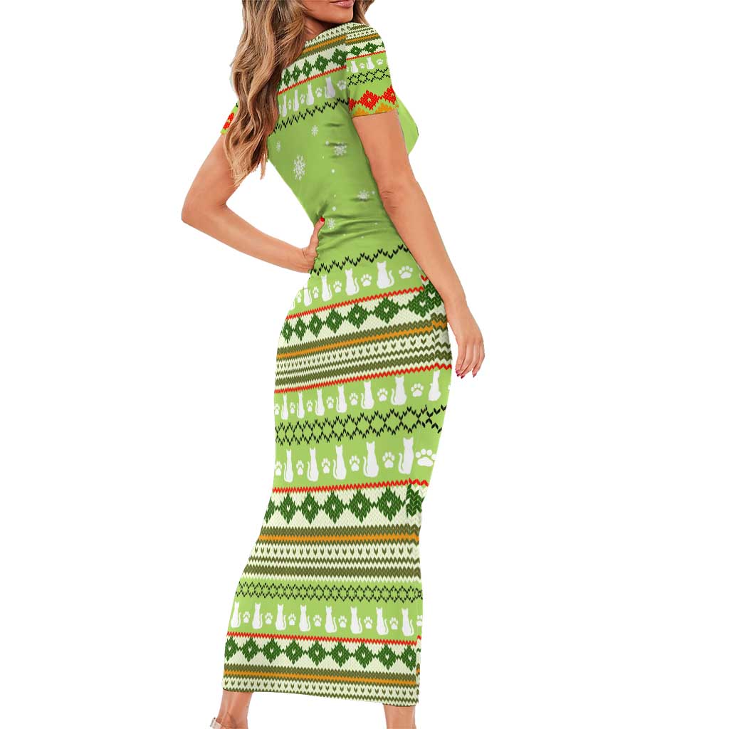 Funny Cat Merry Christmas Short Sleeve Bodycon Dress Xmas Holiday Patterns - Wonder Print Shop