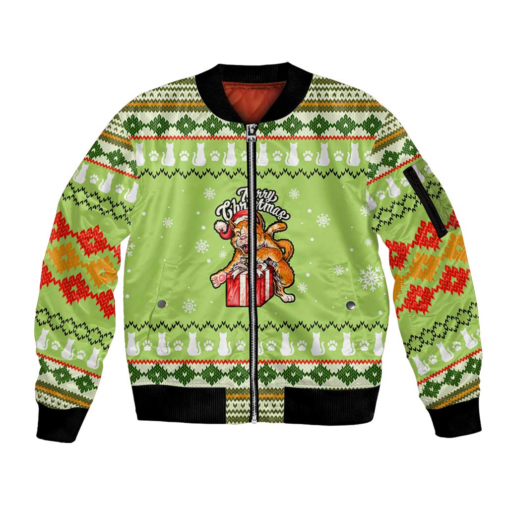 Funny Cat Merry Christmas Sleeve Zip Bomber Jacket Xmas Holiday Patterns - Wonder Print Shop