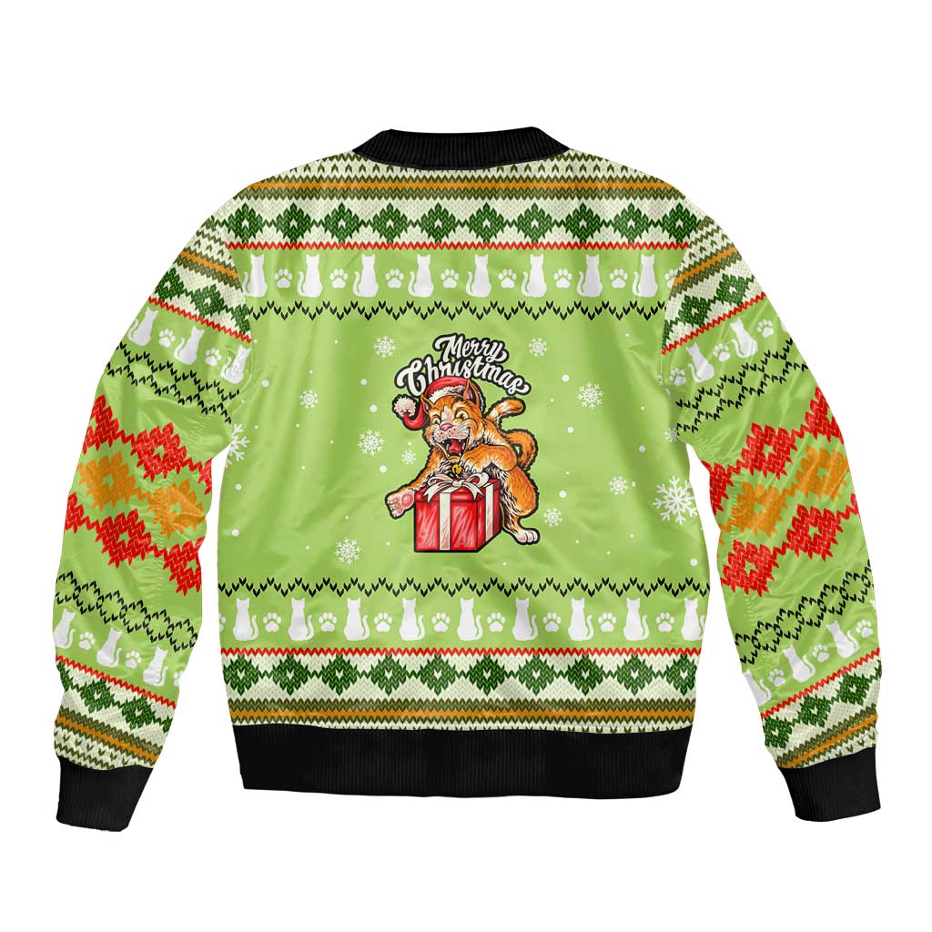 Funny Cat Merry Christmas Sleeve Zip Bomber Jacket Xmas Holiday Patterns - Wonder Print Shop
