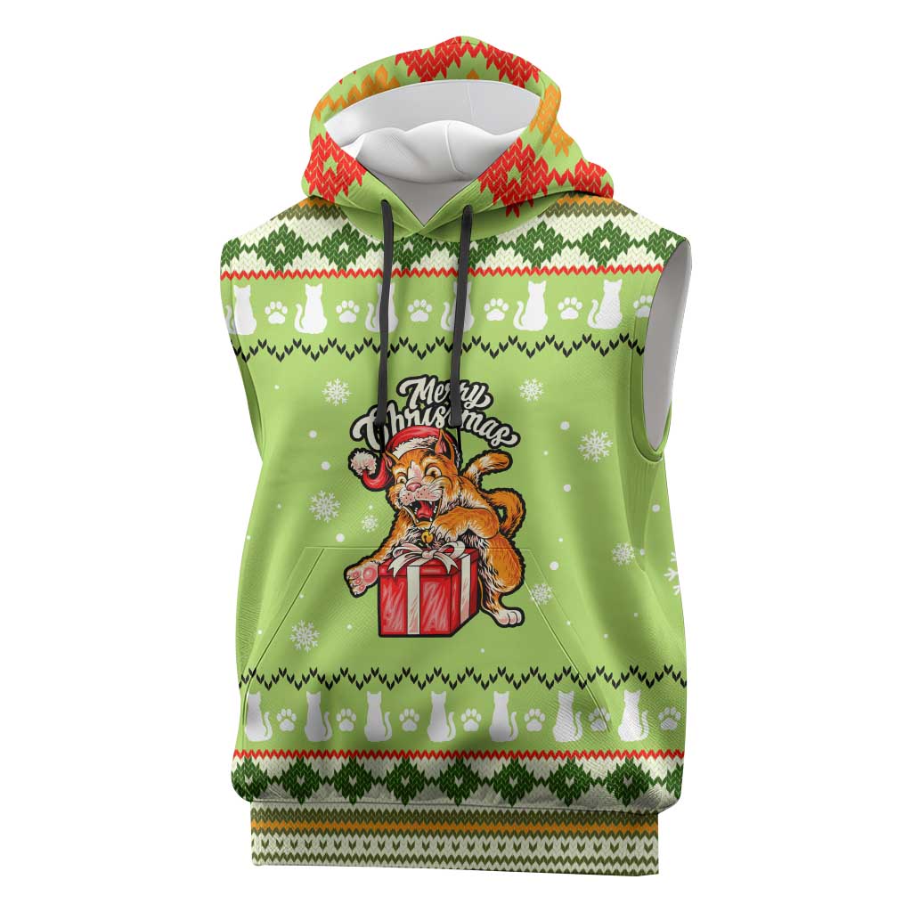 Funny Cat Merry Christmas Sleeveless Hoodie Xmas Holiday Patterns - Wonder Print Shop