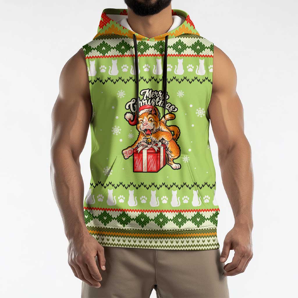 Funny Cat Merry Christmas Sleeveless Hoodie Xmas Holiday Patterns - Wonder Print Shop