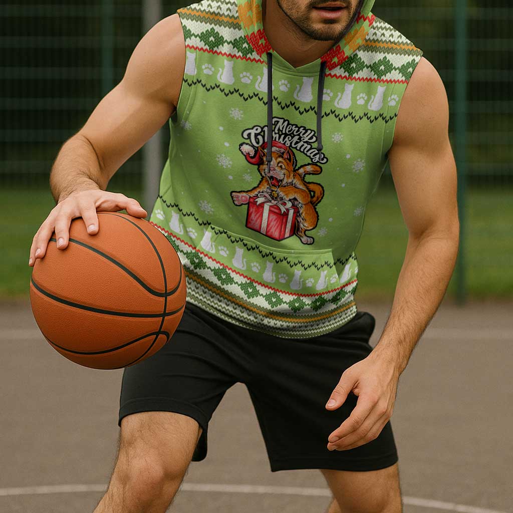 Funny Cat Merry Christmas Sleeveless Hoodie Xmas Holiday Patterns - Wonder Print Shop