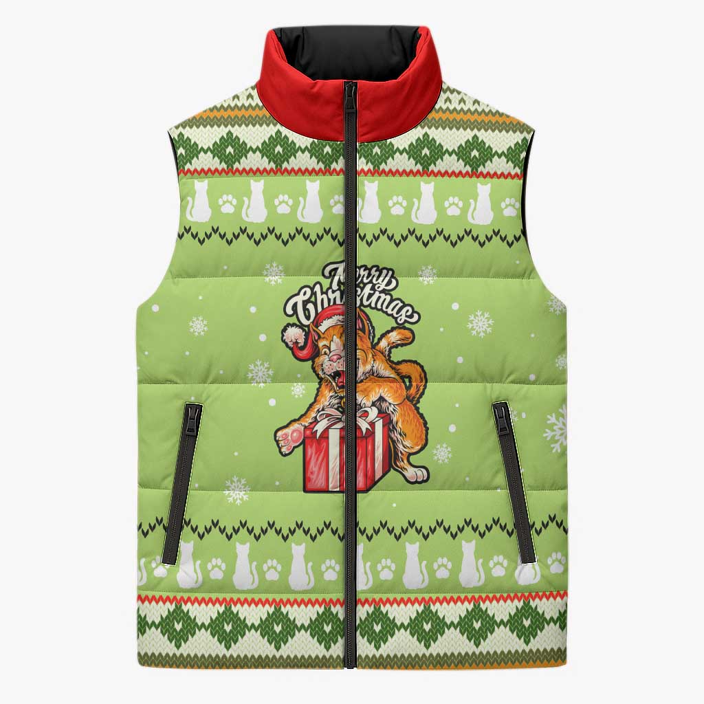 Funny Cat Merry Christmas Sleeveless Puffer Jacket Xmas Holiday Patterns - Wonder Print Shop