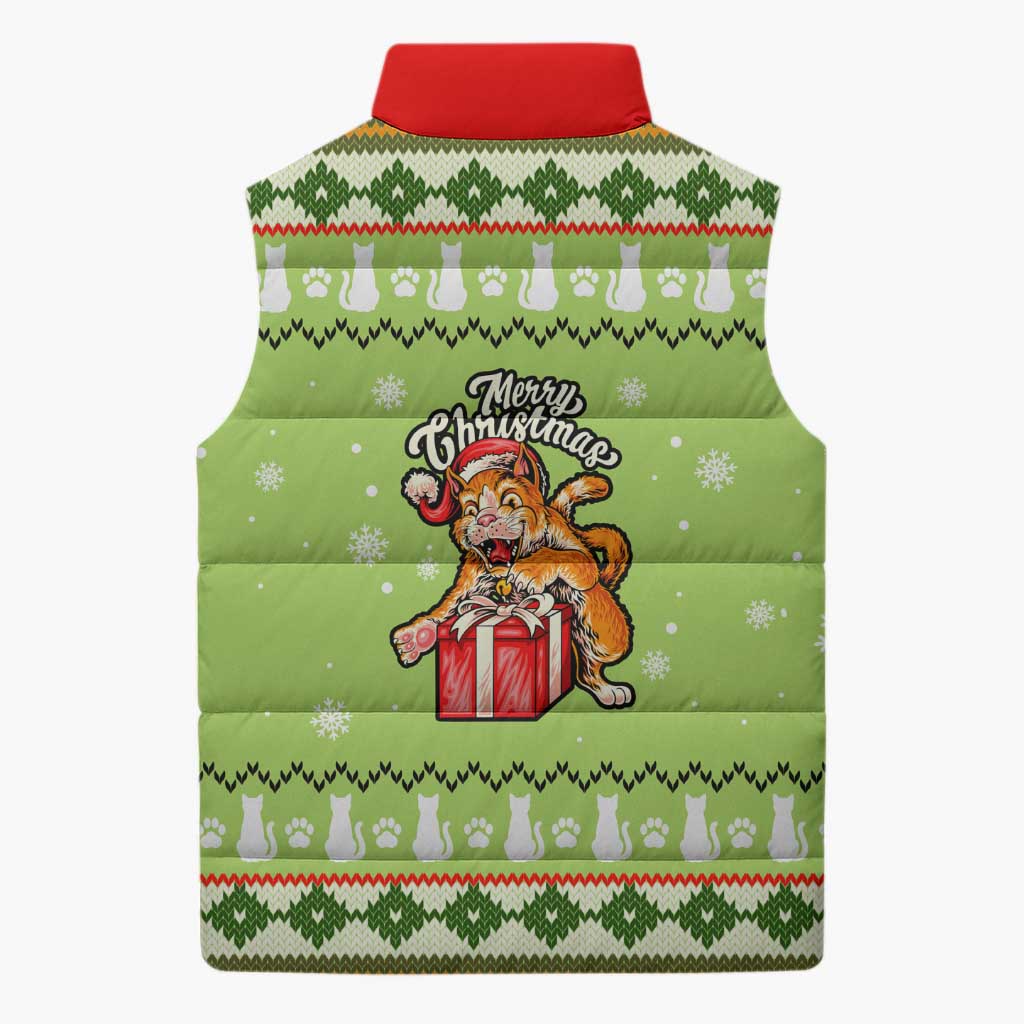 Funny Cat Merry Christmas Sleeveless Puffer Jacket Xmas Holiday Patterns - Wonder Print Shop