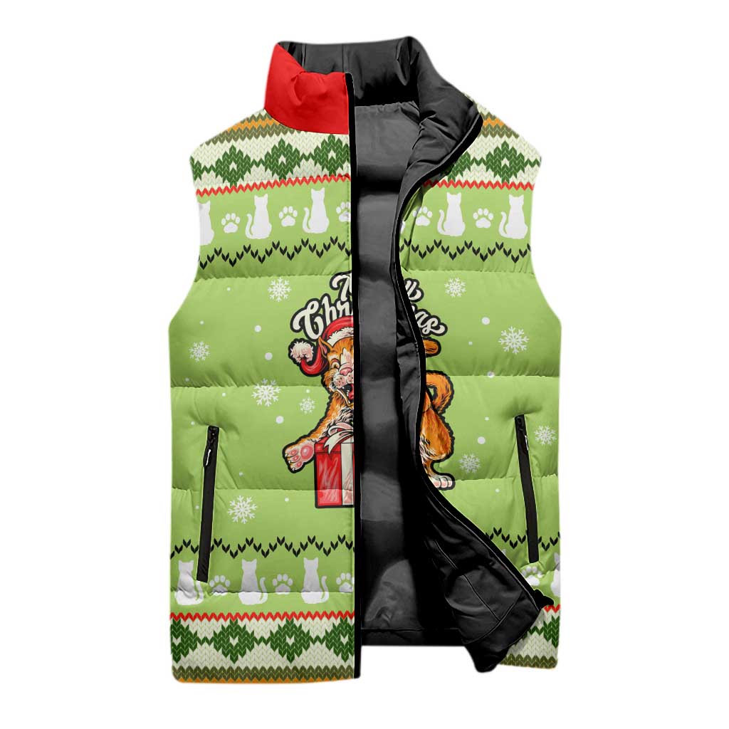 Funny Cat Merry Christmas Sleeveless Puffer Jacket Xmas Holiday Patterns - Wonder Print Shop