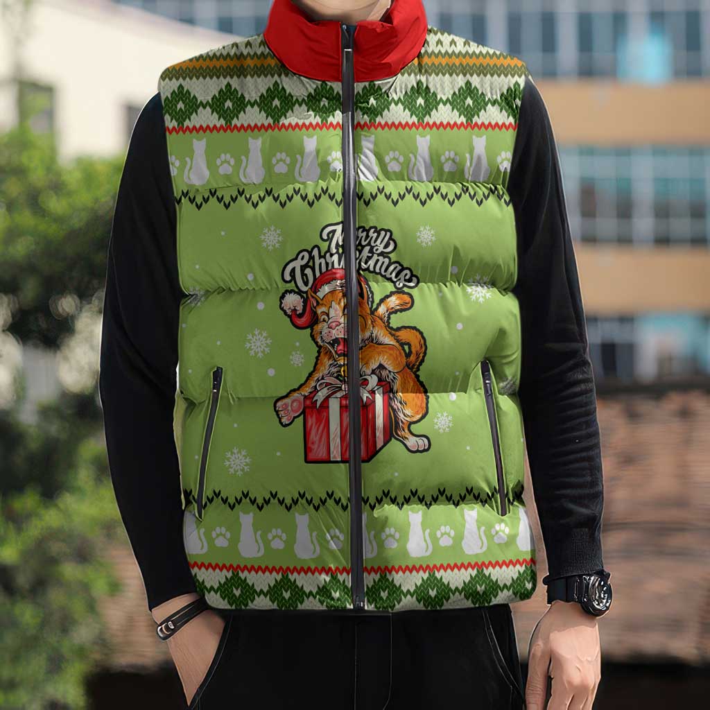 Funny Cat Merry Christmas Sleeveless Puffer Jacket Xmas Holiday Patterns - Wonder Print Shop