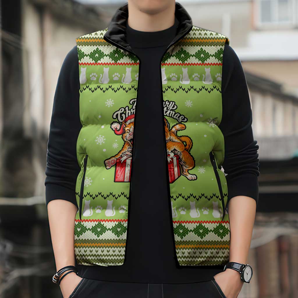 Funny Cat Merry Christmas Sleeveless Puffer Jacket Xmas Holiday Patterns - Wonder Print Shop