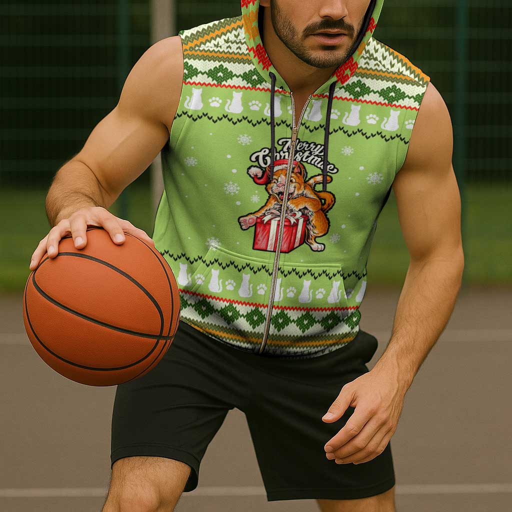 Funny Cat Merry Christmas Sleeveless Zip Hoodie Xmas Holiday Patterns - Wonder Print Shop